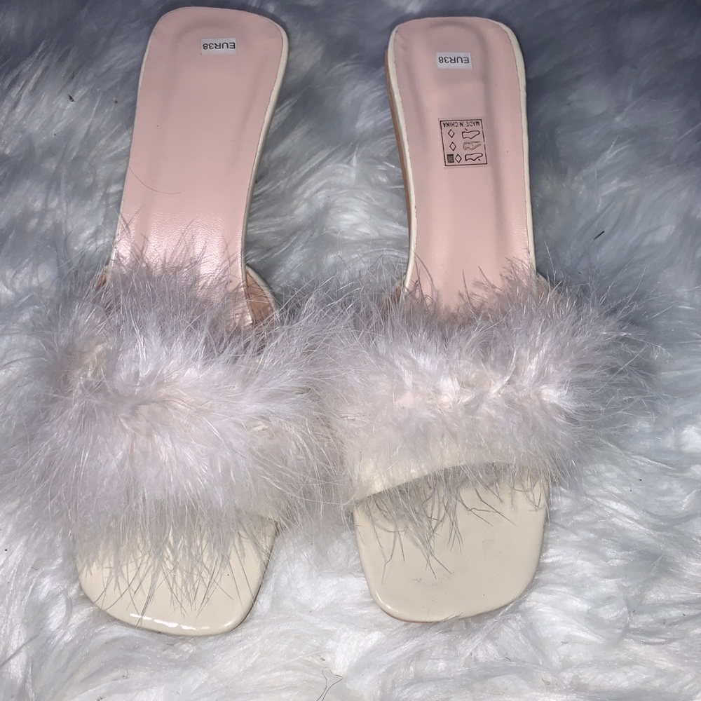 white fur heels: plush heeled mules